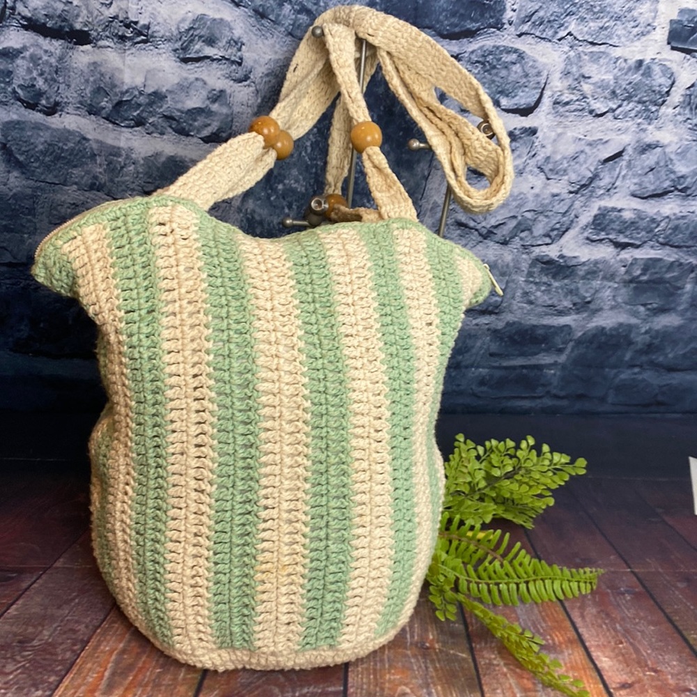 Crochet Woven Striped Round Zippered Bucket Tote with bead accents